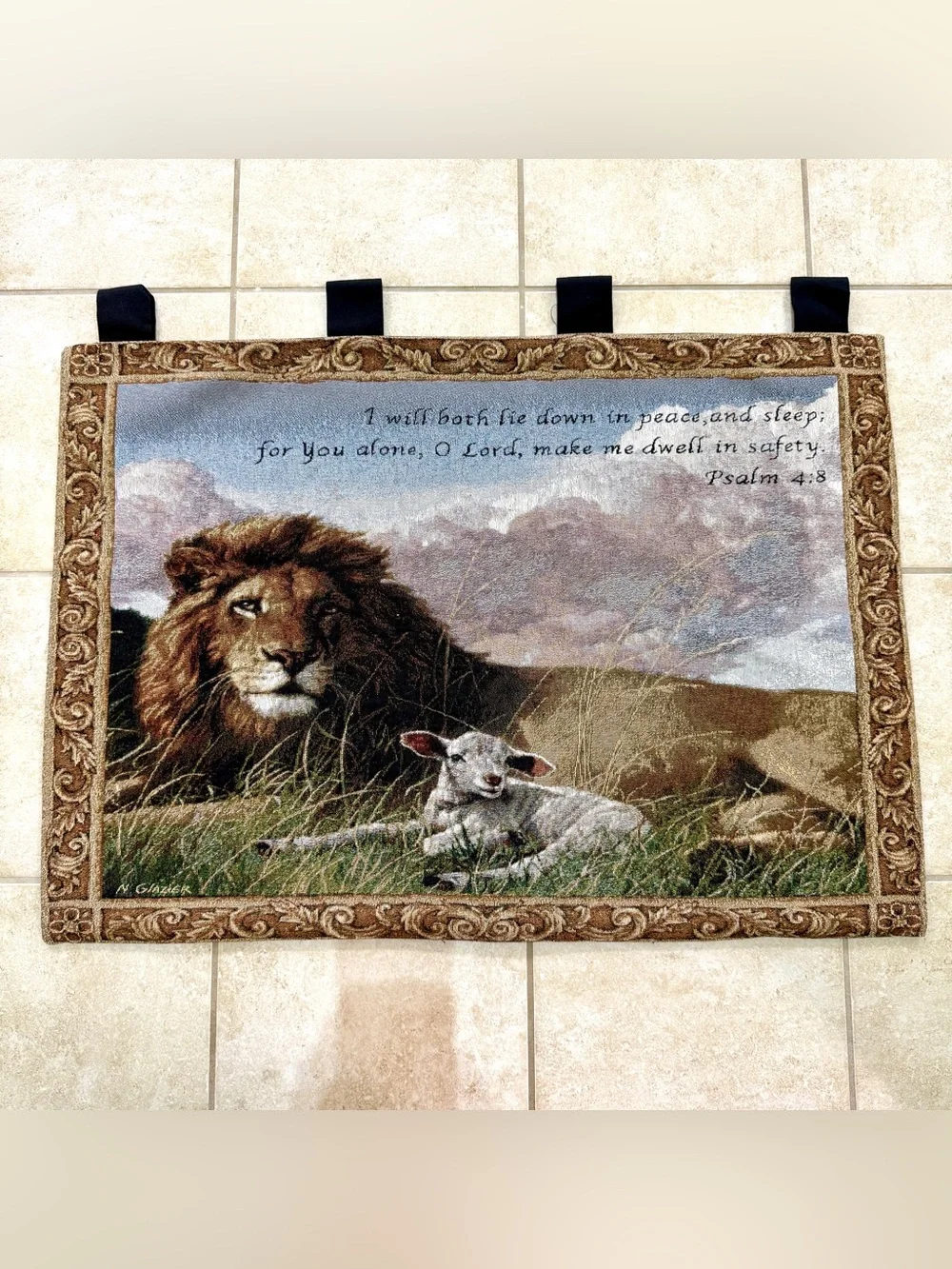 N. Glaxier Lion and Lamb Tapestry Wall Hanging Psalms 4:8 Christian 36x26